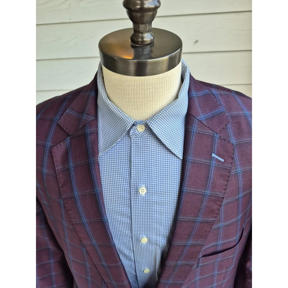 J. Hilburn Burgundy Blue Plaid Wool Sport Coat Blazer Portugal Custom 50 R L‎